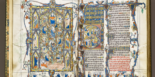 An open book, the Tickhill Psalter, featuring two colorful, illuminated pages with images of narrative biblical scenes alongside text.