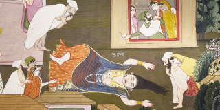Closeup detail of a painting depicting a village scene featuring Lord Krishna and various people inside their houses, visible through windows and doors.