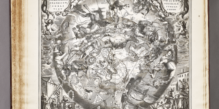 celestial atlas page, with full page engraved plates in the Baroque style; black and white illustration with very ornate detailing of the world