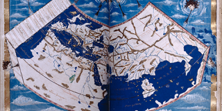 lavishly illustrated manuscript copy of Ptolemy's Geographia; a cross-section of the globe is shown, handpainted in bright various shades of blue. Floating heads appear on the edges, blowing wind towards the map
