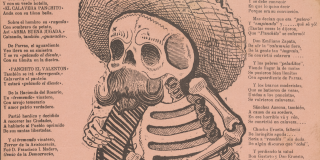 Calavera de D. Francisco I. Madero. Text and image on pink paper. Image: skeleton caricature with moustache, wearing sombrero and holding bottle of booze. 