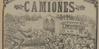 La calavera de los camiones. Text and image on buff sheet. Large skeleton in front of graveyard gate. A trolley full of skeletons. Skulls all over the ground.
