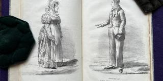 Open book showing the "female husband" James Allen on right side, his wife Abigail on the left.  