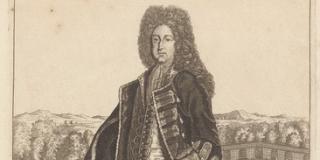 John law standing in a French garden wearing a large wig and long suit popular at the time. His right hand clutches a walking cane and a sword hangs on his left hip