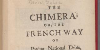 Book open to title page that reads: The Chimera, or the French Way of Paying National Debts  Laid Open Being an Impartial Account of the Proceedings in France for Raising a Paper Credit and Settling the Mississippi Stock
