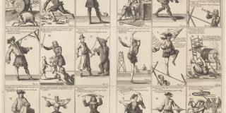 a sheet with 18 individual cards, each depicting a carnival scene including bear taming, tight rope walking, and a contortionist stretching themselves