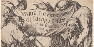 a crowd of five deeply hunched figures surround a figure who's bottom is exposed. On his shirt tails is the title of the book: Varie Figure Gobbi