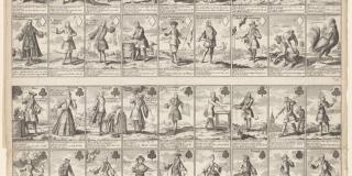 54 small squares, each depicting a different investor in the South Sea and Mississippi bubbles. They all are caricatures to mock the wealthy who invested poorly. 