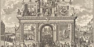 a large arch depicts John Law at its top with four other scenes of trading, both in stock and in the new world