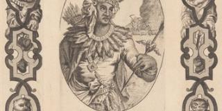 A man clad in a feathered headress and tunic holds a spear in the center of a frame depicting overweight clowns etc.