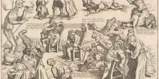 multiple scenes fill a broadside sheet, there are men with stones being removed from their heads, rear ends, and abdomens
