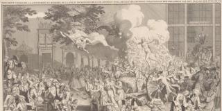 a boisterous scene outside the stock trading house of Amsterdam, lady fortune hovers above and is accompanied by a devil and fame trumpeting to the masses