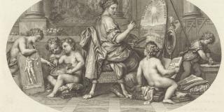 a woman sits painting surrounded by putti holding art supplies and books, the scene is enclosed in an oval and labelled: le peinture