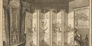 a folding screen stands in the middle of an ornate room, a woman's dress and a mans leg can be seen coming out from opposite ends of the screen