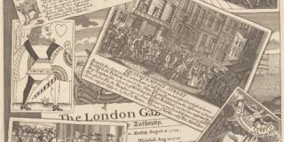 designed to appear as scattered papers on a desk are depictions of traders crowding streets and coffee houses. There is also a playing card, a poem entitled: Bubble Poem and a copy of the London Gazette