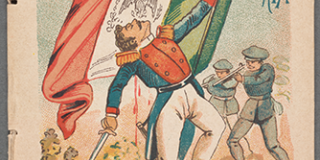 Cover of a book titled Los Horrores de la Patria, with an illustration of a man in uniform holding a Mexican flag who has been shot by two nearby soldiers