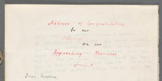 The front of a hand-bound sheaf of papers is written in red and black ink with the heading "An Address of Congratulation to our Mistress on her Approaching Marriage," followed by a letter.