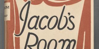 A cream-colored book jacket with an illustration of rust-colored stage curtains around modernist illustrations of black and rust cup and flowers, with black text reading "Jacob's Room / Virginia Woolf."