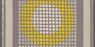 A grey book jacket with geometric shapes in varying shades of grey with yellow circle made of smaller squares at middle; cover reads "On Being Ill /  Virginia Woolf / The Hogarth Press." 