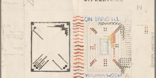 An ink and pencil sketch with paper divided into two halves, one with black-and-white and one with color sketch of geometric book jacket design, with additional sketches and notes around the borders of the illustration, which reads "On Being Ill / Virginia Woolf / The Hogarth Press." 
