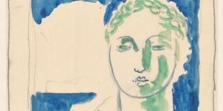 A painted sketch of a book jacket design, with blue geometric shapes and green classical bust of a woman's face and neck with laurel wreath crown, text reading "The Second Common Reader / Virginia Woolf".