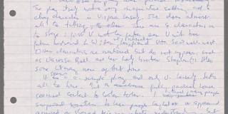 A lined piece of loose notebook paper filled with writing in dark ink written in a loose hand.
