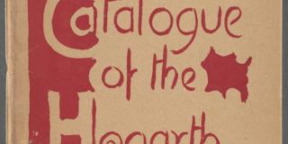 A closed book with book jacket illustrated with red shapes and red text reading "Complete Catalogue of the Hogarth Press." 