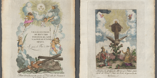 Two color prints side by side depicting religious scenes with saints, angels and other iconography