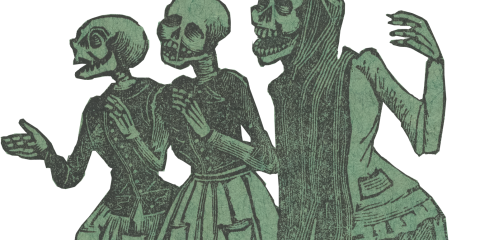 Three female skeletons, singing and clapping. Print on green paper.