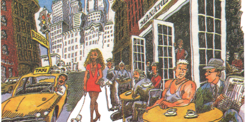 Cartoon of New York City scene in front of restaurant