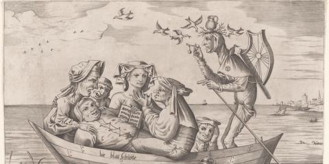 a group of grotesquely interpreted wealthy people is rowed by a strange demon with a vase on his head and birds flying around him