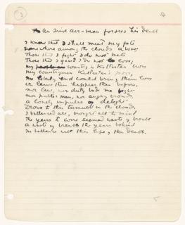 manuscript draft of a poem on worn, lined paper with three hole punch on left side