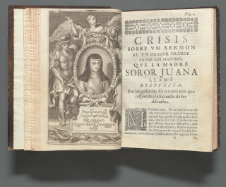 Book displayed open, printed in black ink on off-white paper. The text is in Spanish and is printed in a variety of font sizes and there is an image of a religious figure on the left hand page. 