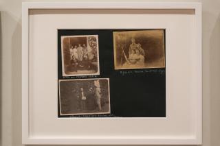 Three black-and-white photographs of Virginia Woolf's family on a black background with handwritten captions in white