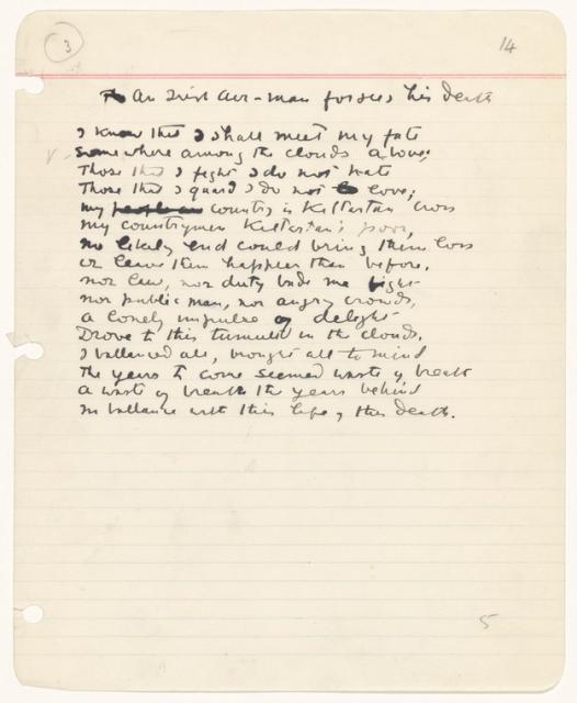manuscipt draft of poem "An Irish Airman Foresees His Death" 