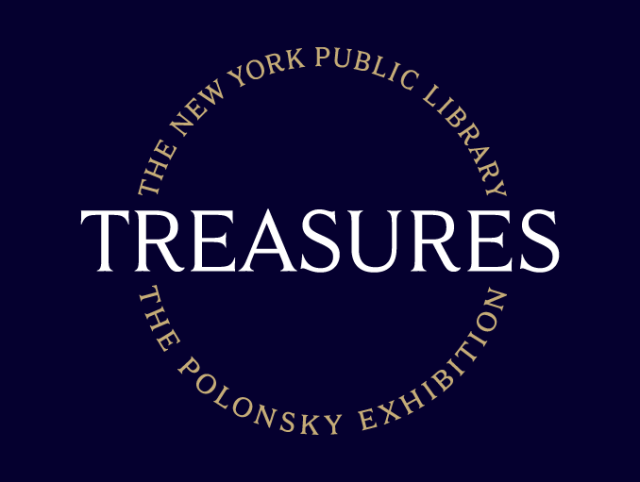 The word Treasures is large and white, with the words The New York Public Library and The Polonsky Exhibition in a circle around it, against a navy background