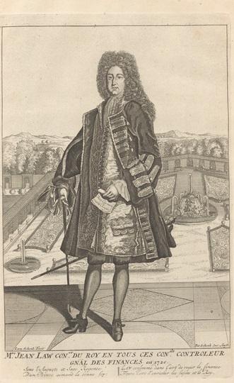 John Law standing in a french garden in a large wig and the style of long three piece suit popular at the time