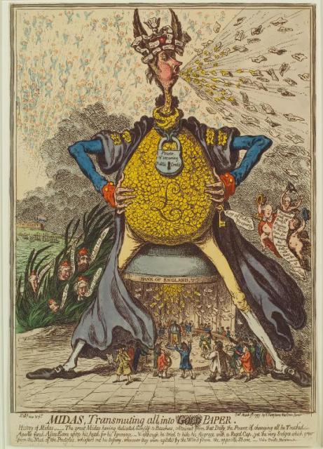 a grotesque man with a round belly full of gold coins squats over a rotunda while excreting paper money from both orifices