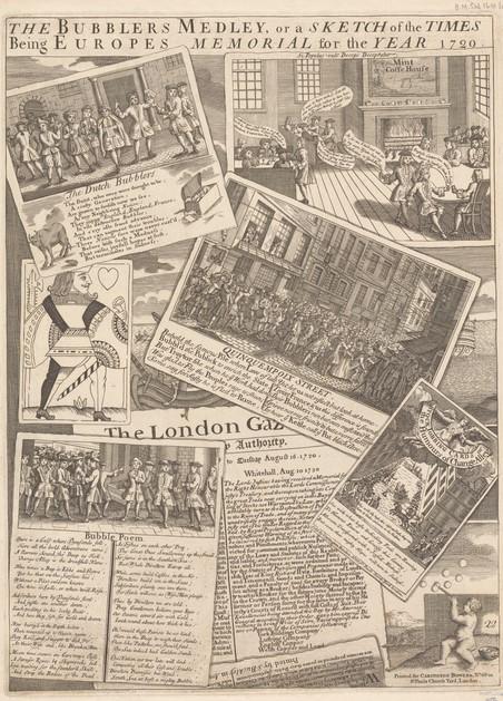 designed to appear as scattered papers on a desk are depictions of traders crowding streets and coffee houses. There is also a playing card, a poem entitled: Bubble Poem and a copy of the London Gazette