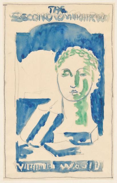Pencil sketch of a book cover painted with blue watercolor, with text reading "The Second Common..."  and "Virginia Woolf," and sketch of a sculpture of a woman's face and neck with laurel crown, painted in green.
