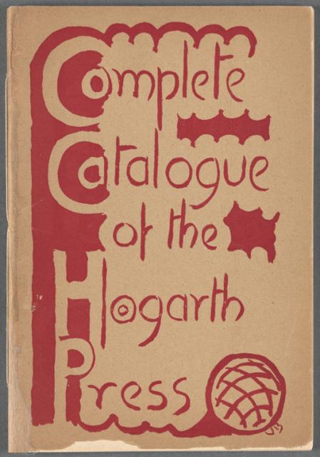A book cover reads "Complete Catalogue of the Hogarth Press" in red on a tan background.