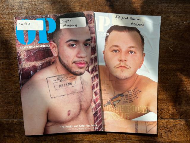 Photograph of two issues of a magazine: Original Plumbing: trans male quarterly