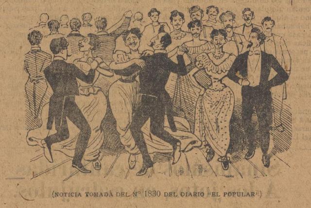 Illustration of men dancing with each other, some in dresses, some in suits