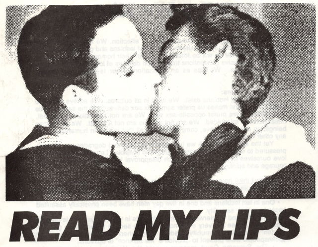 Two men kiss; text below reads: "Read my lips"