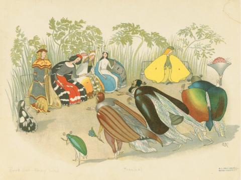 Whimsical drawing of figures who look human but are outfitted with insect wings.