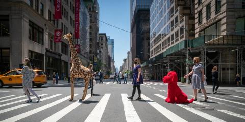 Line of women, stuffed giraffe, and red dog walking across a busy Manhattan street, reminiscent of the Beatles' Abby Road cover.