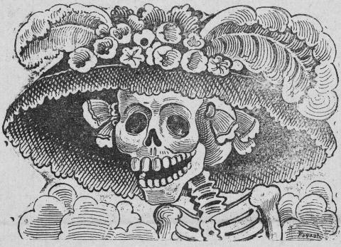 print of skeleton wearing a decorative hat with feathers and flowers