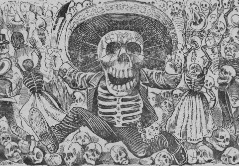 crowded skeleton scene in background, foreground features clothed skeleton wearing a large hat and holding a machete