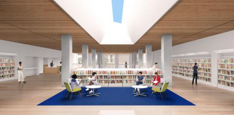 Rendering of interior of future Inwood Library location, featuring a large skylight, walls lined with bookshelves, and an open reading space with a blue carpet and several people sitting on chairs. 