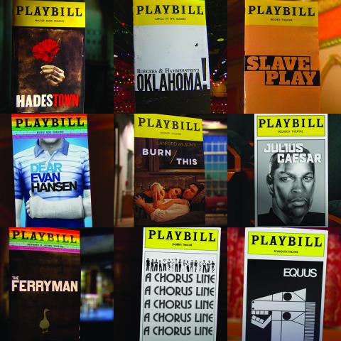 Grid of 9 photos featuring Playbills in front of empty stages.